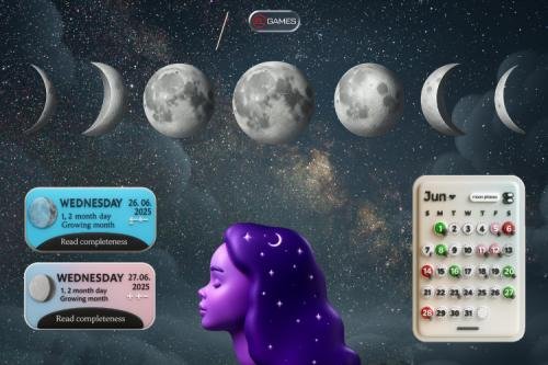 Illustration of the Lunar Haircut Calendar mobile app showing a lunar phase calendar used to plan haircuts and hair care based on moon cycles.
